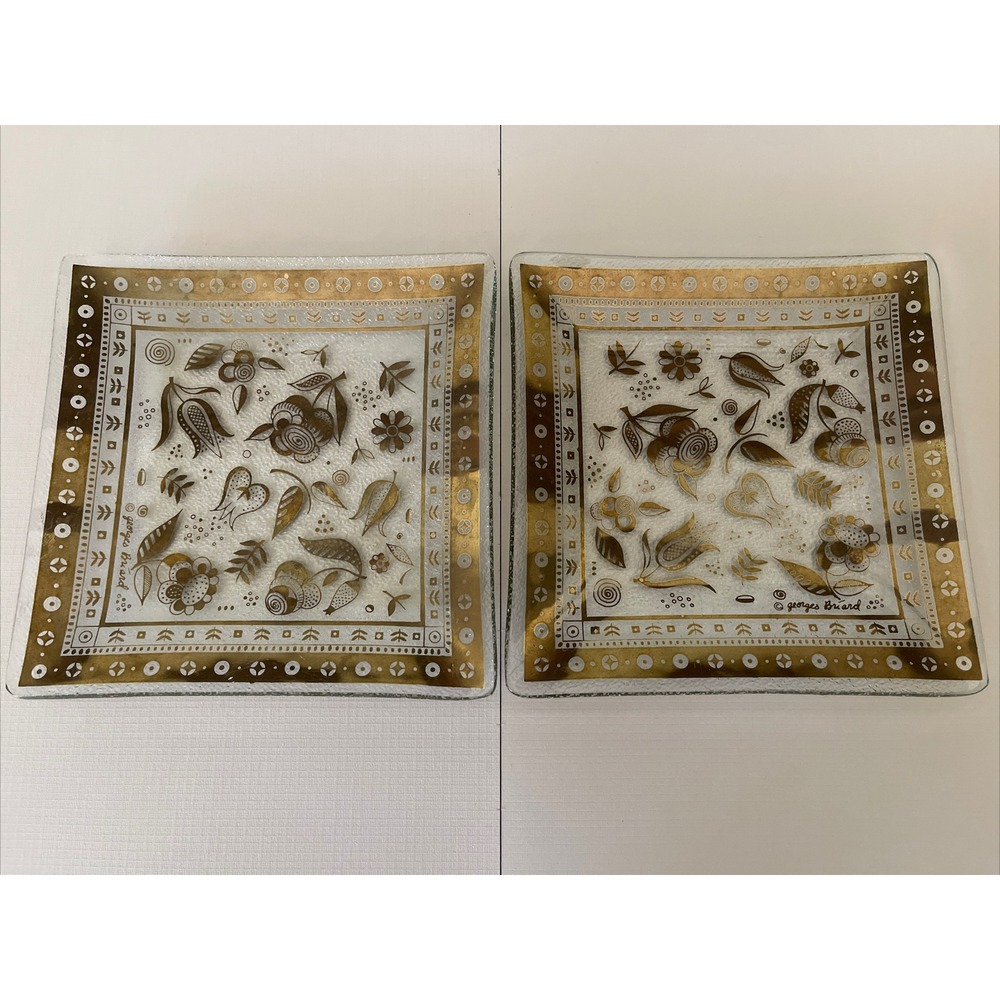 Georges Briard‎ Persian Garden Square Plate 5.25" Pair Set 2 Midcentury Mod Gold
